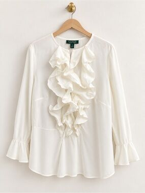 Lauren Ralph Lauren 100% Silk Ruffle Blouse Ivory Size 18W Plus